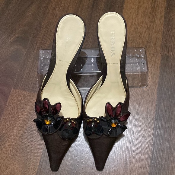PRADA Italian Made Jewelled Satin Brown Heel 3’ Approx Mules Size 7.5’ - Picture 4 of 14